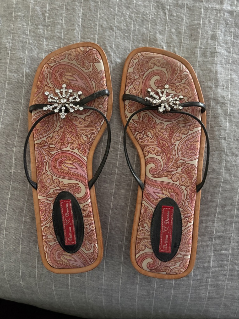 Bettina Duncan Black Strappy Sandals with Paisley Insole and Rhinestone deco